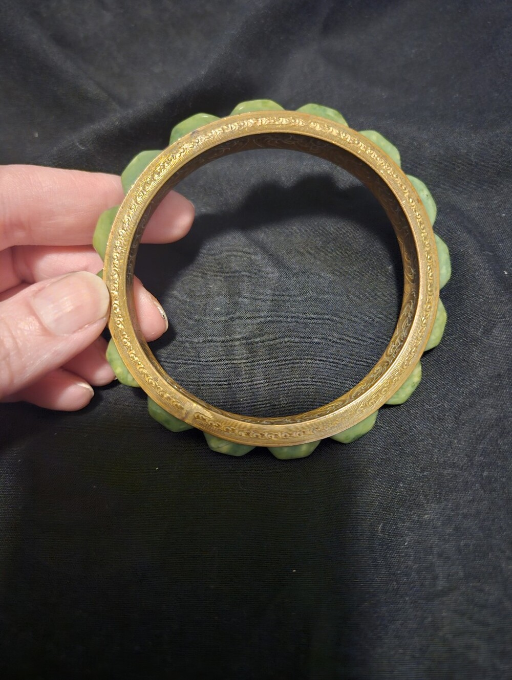 Vintage 1930s Art Deco Bakelite Brass Bangle Creamed Spinach Marbled Segmented - Picture 4 of 13